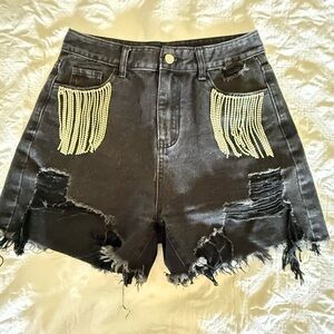 Distressed Black Denim Shorts with rhinestone Accents